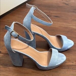 Blue Suede Block Heels with Ankle Strap